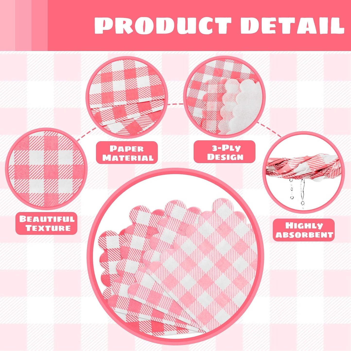 Pink Gingham Napkins Disposable Cocktail: 80PCS Checkered Square Paper 9.8x9.8 Inch For Table Decorations & Dinner Party