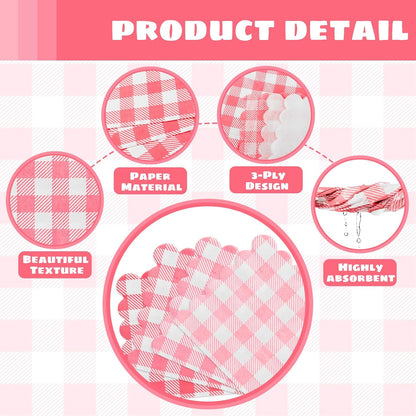 Pink Gingham Napkins Disposable Cocktail: 80PCS Checkered Square Paper 9.8x9.8 Inch For Table Decorations & Dinner Party