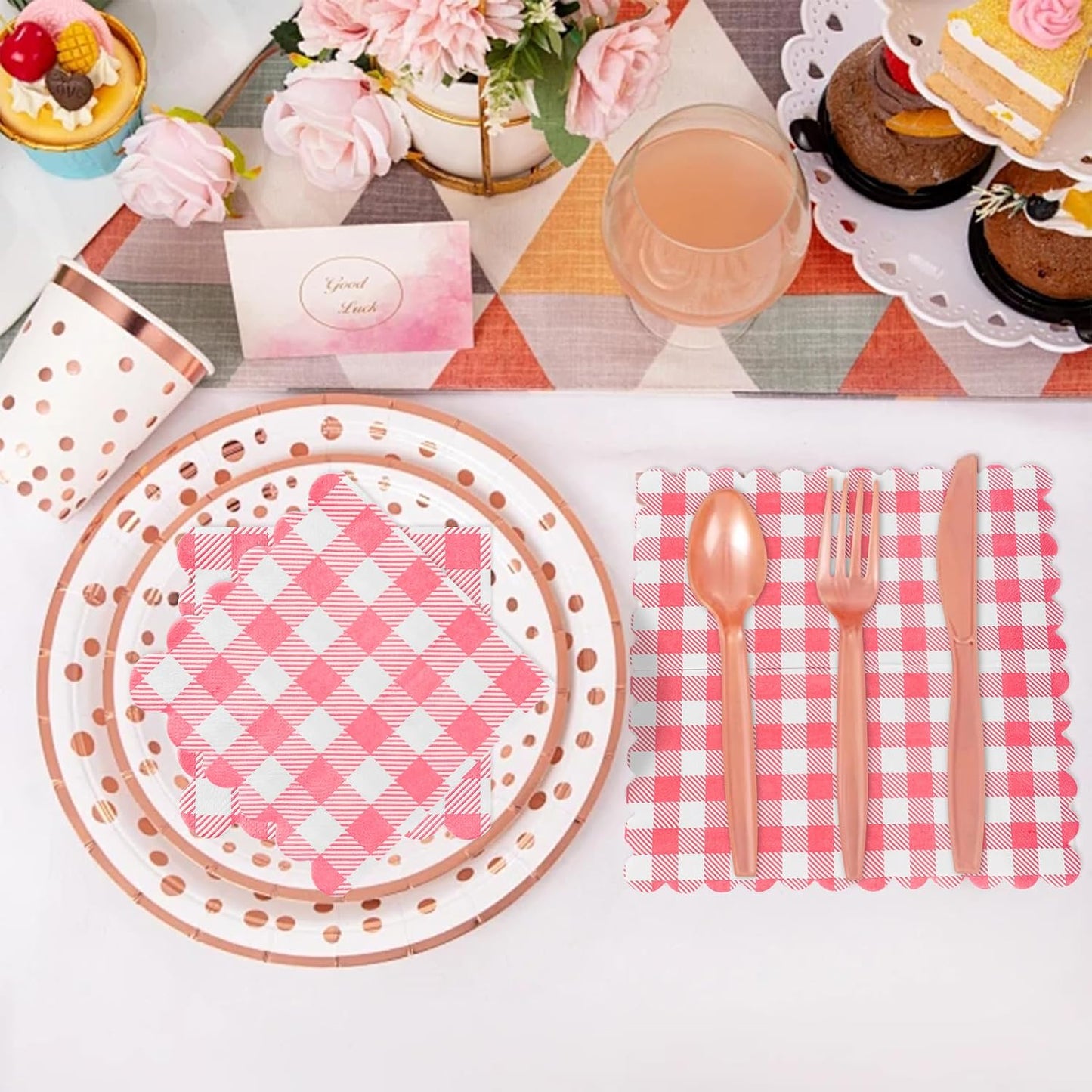 Pink Gingham Napkins Disposable Cocktail: 80PCS Checkered Square Paper 9.8x9.8 Inch For Table Decorations & Dinner Party