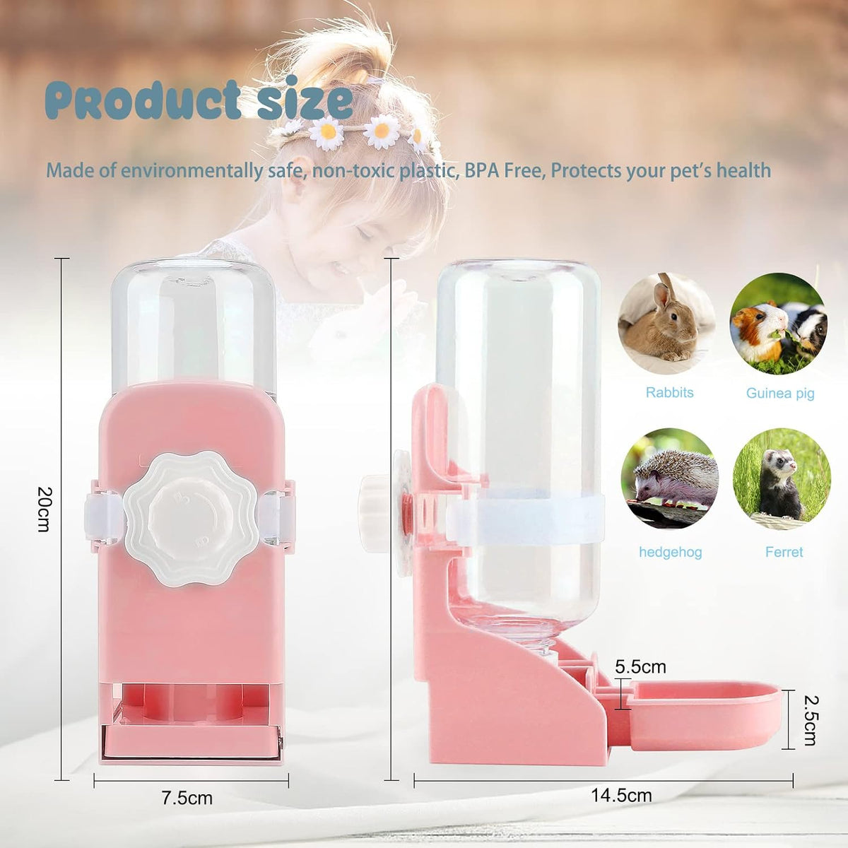 Rabbit Water Bottle No-Drip, Bunny Guinea Pig Water Dispenser(Pink)