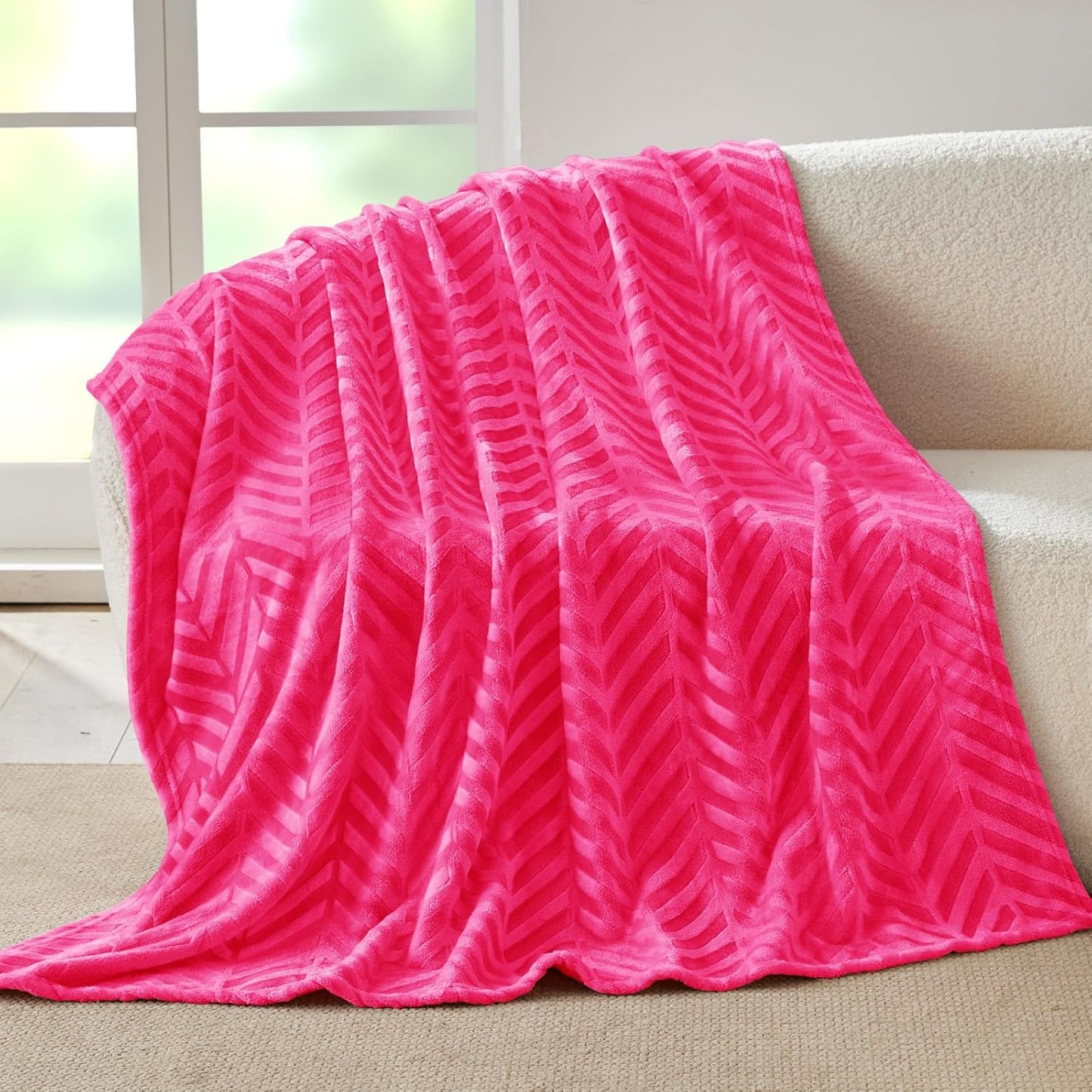 Whale Flotilla Flannel Fleece Throw Blanket for Couch Sofa Bed, Lightweight Breathable Soft Throws Plush Fluffy Chevron Design Decorative Blankets for All Season, 50x60 Inch, Hot Pink