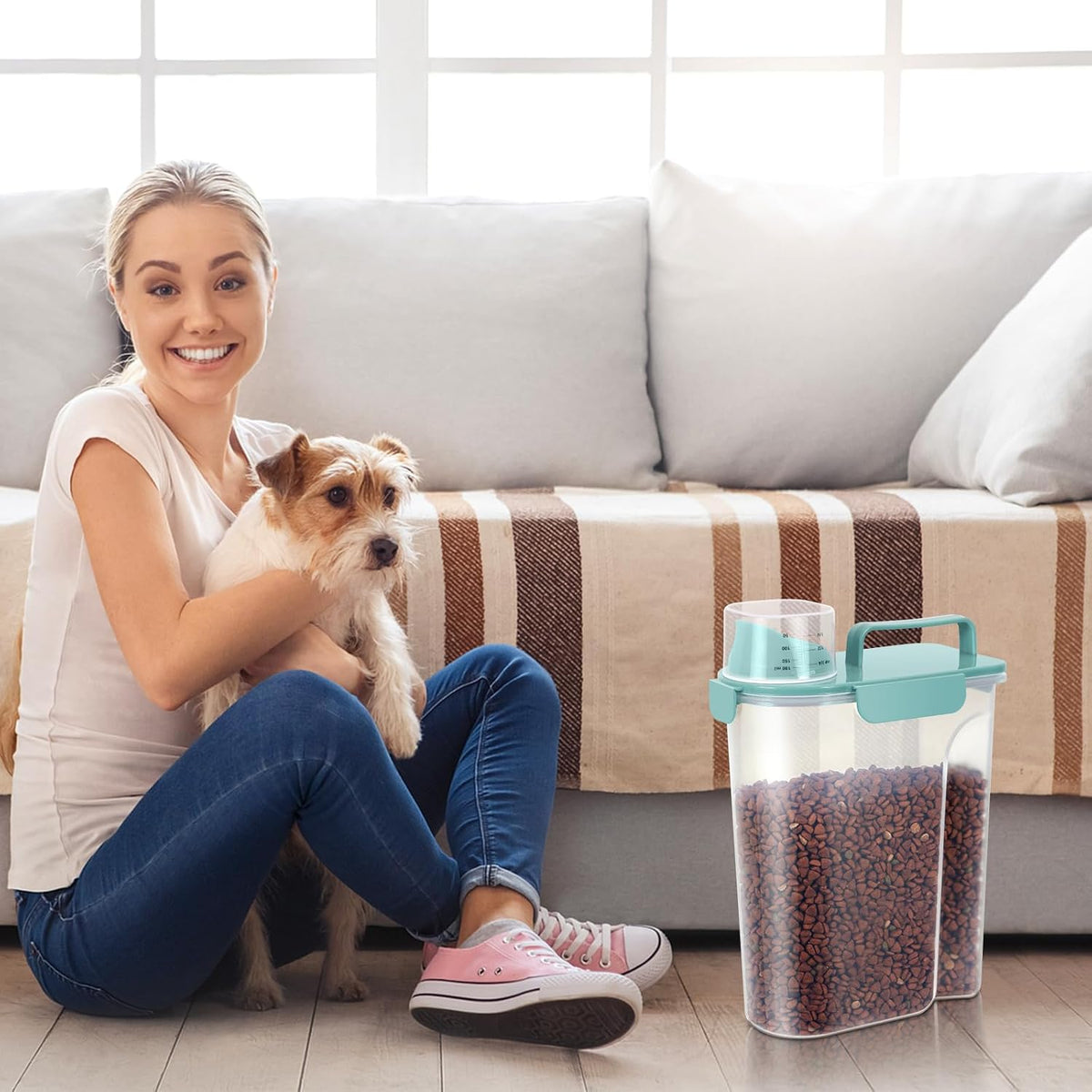 5Lbs/6Qt Airtight Pet Storage Container For Cat Dog Bird Food and Keep Fresh, Translucent Body, Upgraded Large Nozzle for Easy Pouring With Handle Design Easy to Carry When Going 2pack