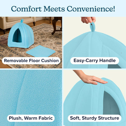 Cat House Indoor Cat Bed with Removable Foam Cushion, Plush Cat Tent Bed for Small Pets, Comfortable Cozy Hideaway for Cats, Kittens, Rabbits, Guinea Pigs, Ferrets, Hedgehogs, by PETMAKER (Blue)