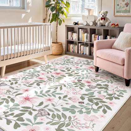 Pink Girls Nursery Rug, 5x7 Floral Baby Girls Rugs for Bedroom