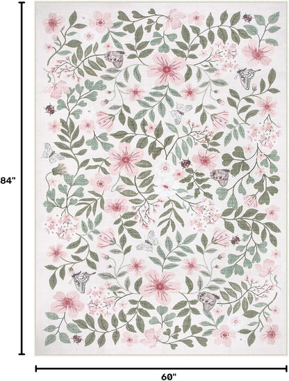 Pink Girls Nursery Rug, 5x7 Floral Baby Girls Rugs for Bedroom