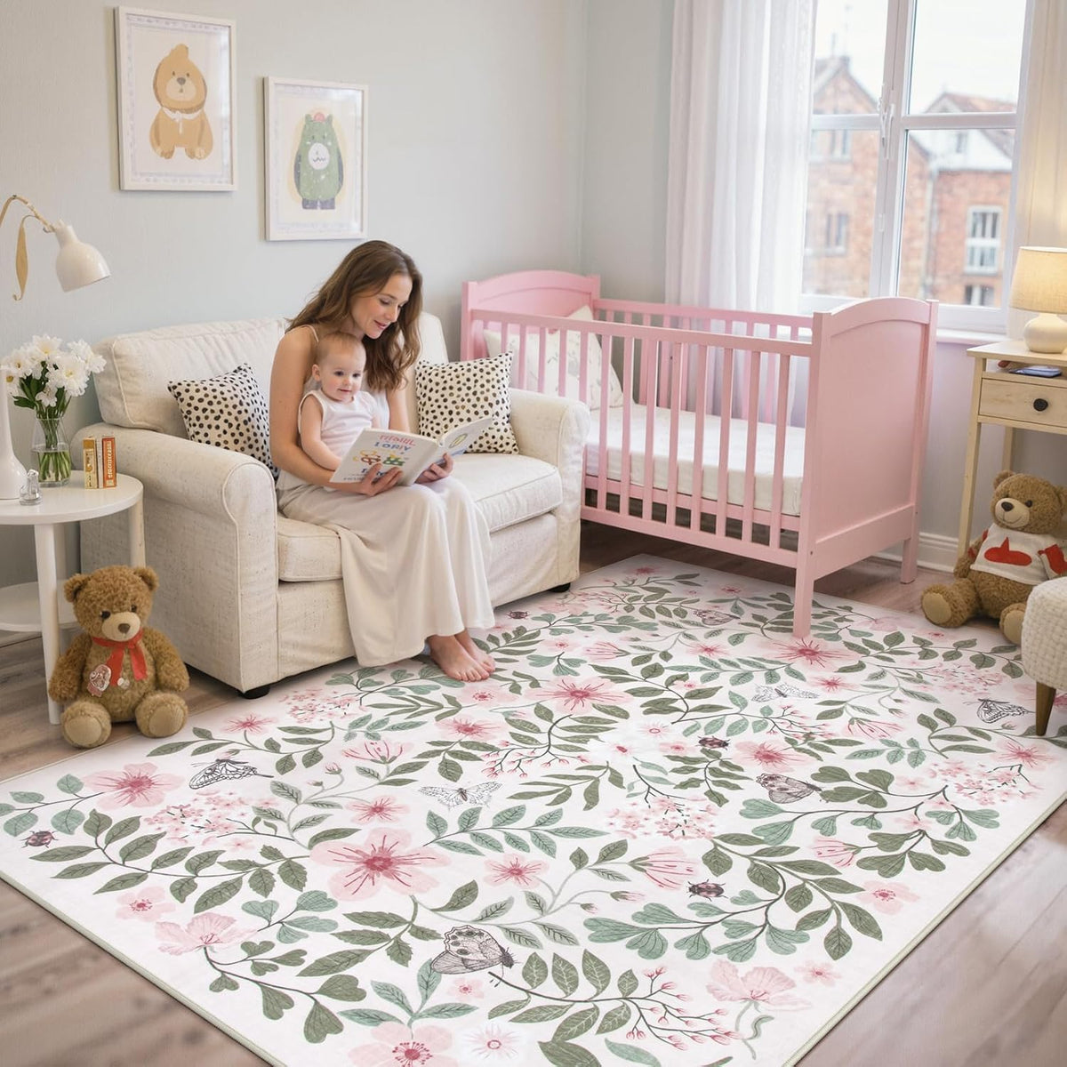Pink Girls Nursery Rug, 5x7 Floral Baby Girls Rugs for Bedroom