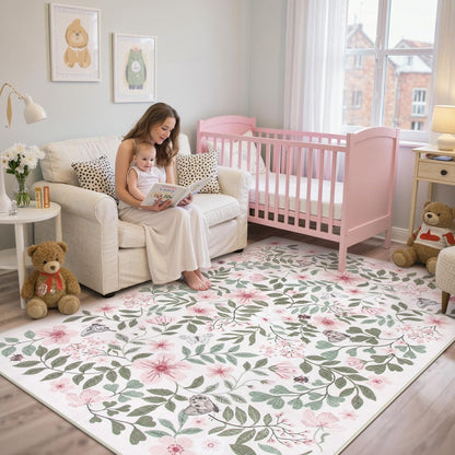 Pink Girls Nursery Rug, 5x7 Floral Baby Girls Rugs for Bedroom
