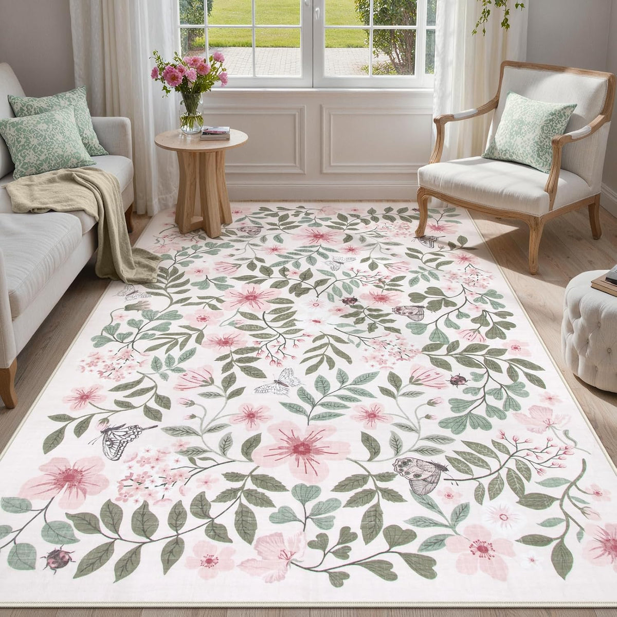 Pink Girls Nursery Rug, 5x7 Floral Baby Girls Rugs for Bedroom