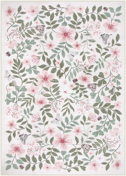 Pink Girls Nursery Rug, 5x7 Floral Baby Girls Rugs for Bedroom