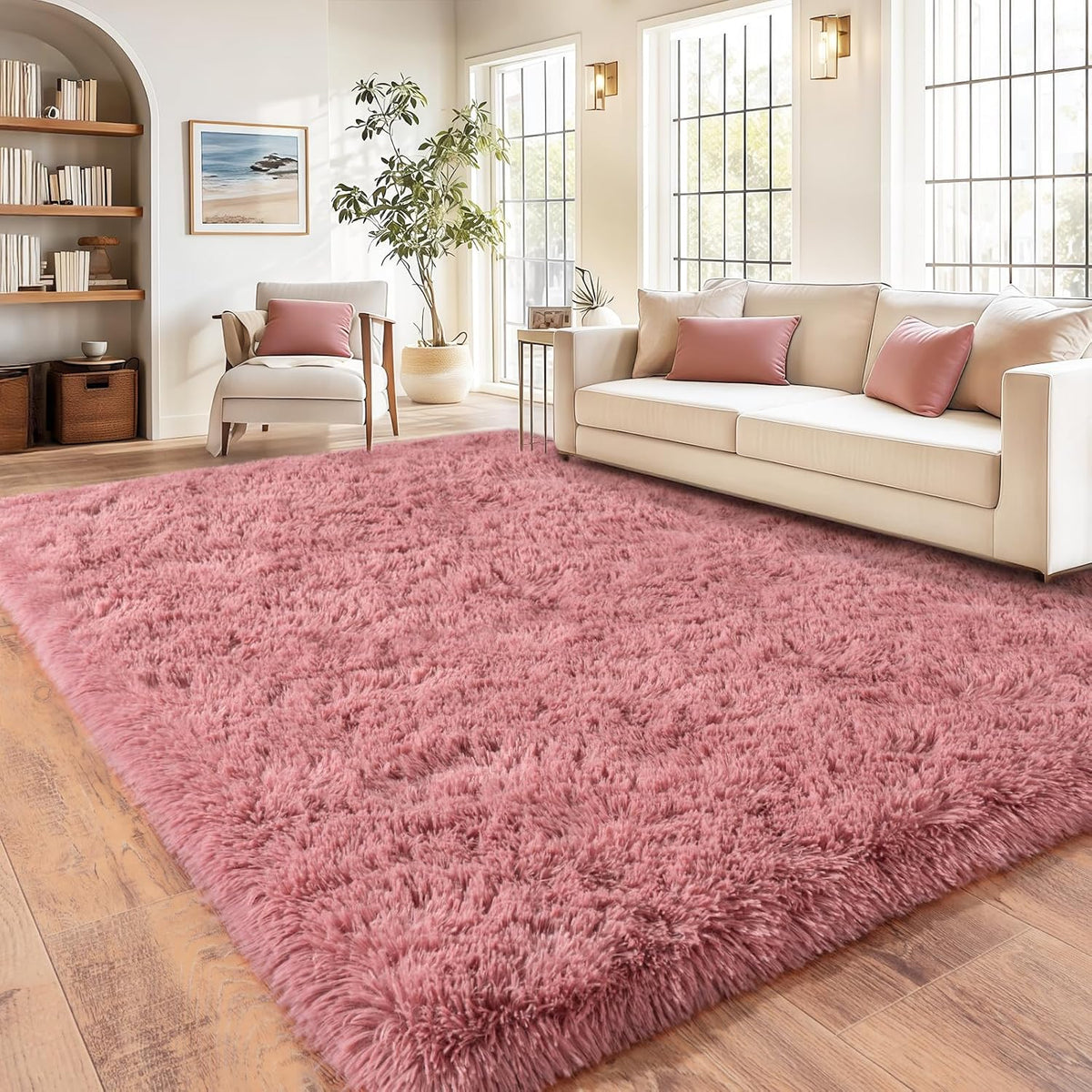 8x10Ft Soft Shaggy for Living Room, High Pile Fluffy Rugs Blush Area Rug