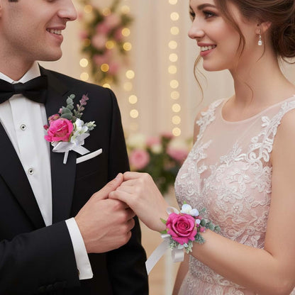 Corsage and Boutonniere Set Pink Wrist Corsage for Wedding Prom