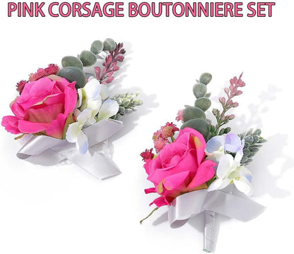 Corsage and Boutonniere Set Pink Wrist Corsage for Wedding Prom