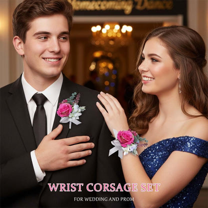 Corsage and Boutonniere Set Pink Wrist Corsage for Wedding Prom
