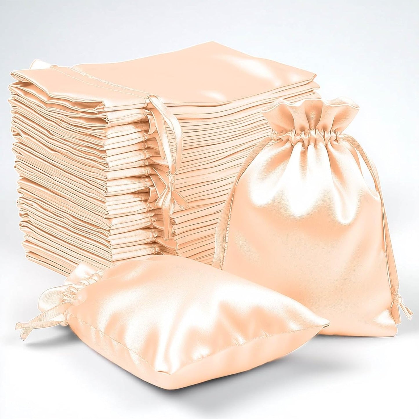 Efavormart 60 Pack 4"x6" Peach Satin Drawstring Gift Bags, Premium Silky Favor Pouches for Large Weddings, Bridal Showers, Jewelry, Candy, and Party Favors