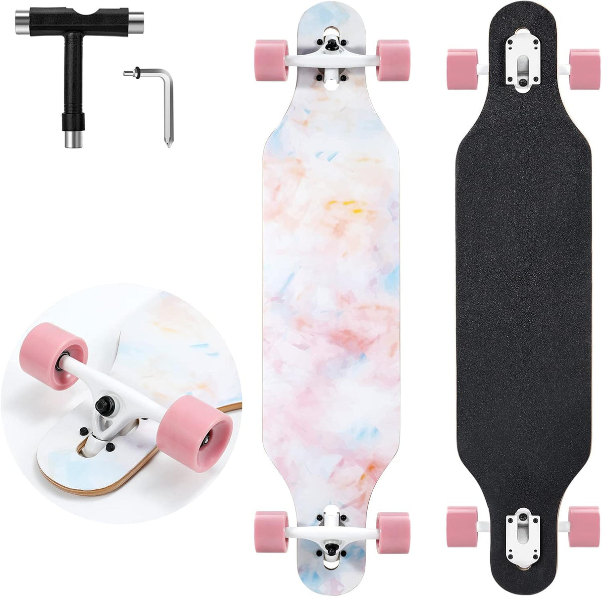 Longboard Skateboard, 41 Inch Drop Through Longboard Complete 9-Ply Nature Maple Premium Cruiser Long Board for Adults, Teens and Kids - High-Speed Bearings & T-Tool