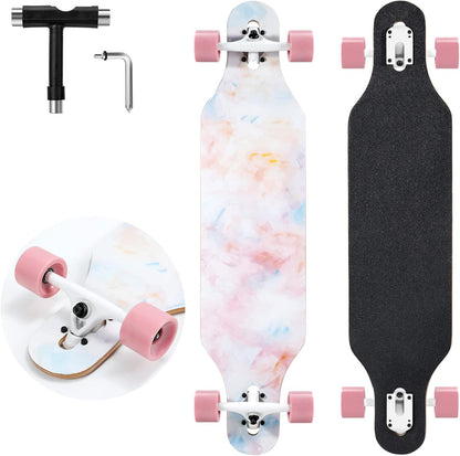 Longboard Skateboard, 41 Inch Drop Through Longboard Complete 9-Ply Nature Maple Premium Cruiser Long Board for Adults, Teens and Kids - High-Speed Bearings & T-Tool