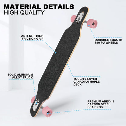 Longboard Skateboard, 41 Inch Drop Through Longboard Complete 9-Ply Nature Maple Premium Cruiser Long Board for Adults, Teens and Kids - High-Speed Bearings & T-Tool