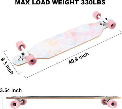 Longboard Skateboard, 41 Inch Drop Through Longboard Complete 9-Ply Nature Maple Premium Cruiser Long Board for Adults, Teens and Kids - High-Speed Bearings & T-Tool