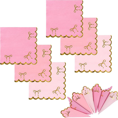 150 Pcs Gold Bow Pink Napkins, Gradient Pink Coquette Bowknot Luncheon Napkins with Gold Foil Scalloped Edges, Disposable Dinner Dessert Napkin for Bachelorette Bridal Wedding Tea Party Decor