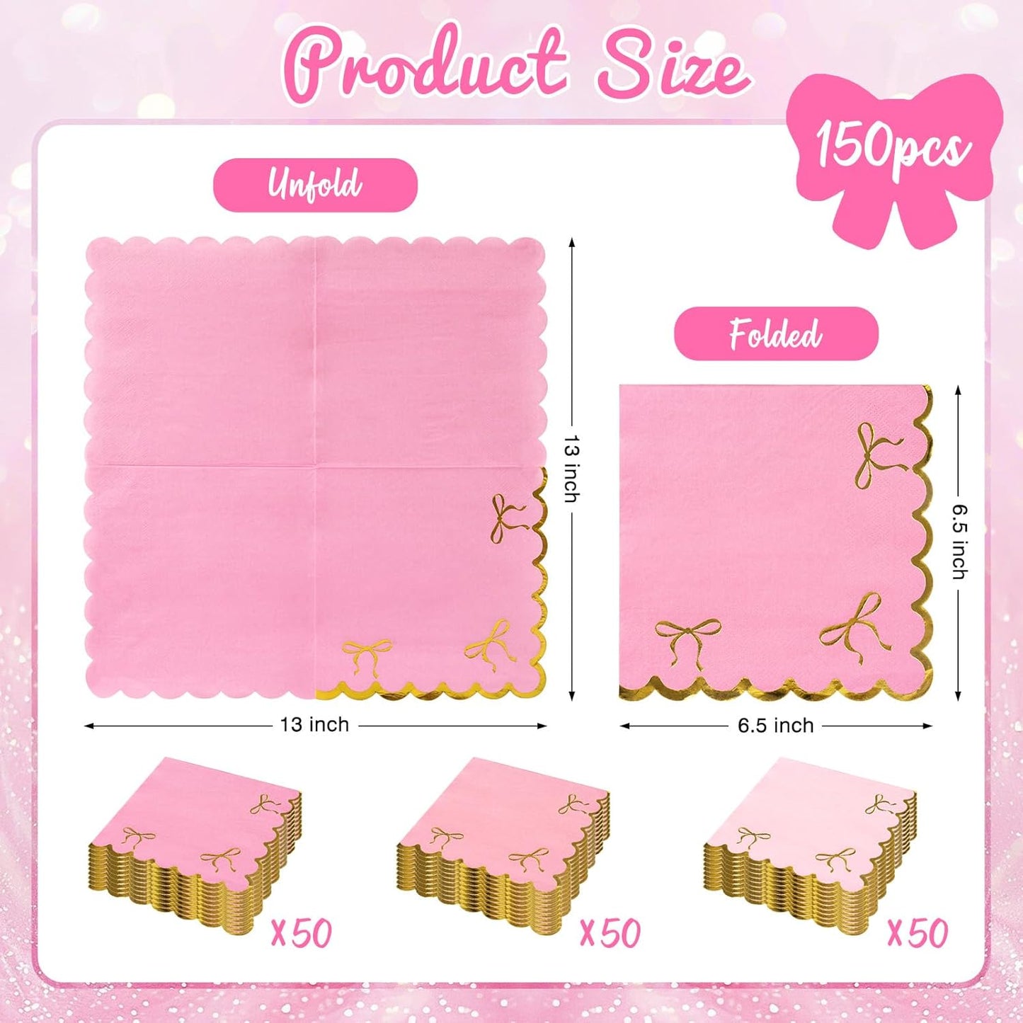 150 Pcs Gold Bow Pink Napkins, Gradient Pink Coquette Bowknot Luncheon Napkins with Gold Foil Scalloped Edges, Disposable Dinner Dessert Napkin for Bachelorette Bridal Wedding Tea Party Decor