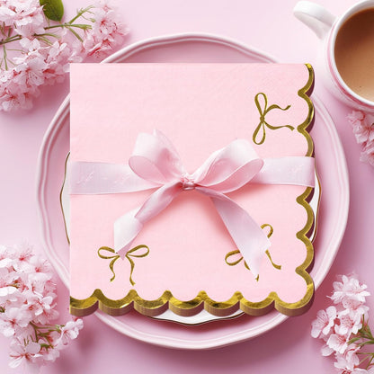 150 Pcs Gold Bow Pink Napkins, Gradient Pink Coquette Bowknot Luncheon Napkins with Gold Foil Scalloped Edges, Disposable Dinner Dessert Napkin for Bachelorette Bridal Wedding Tea Party Decor