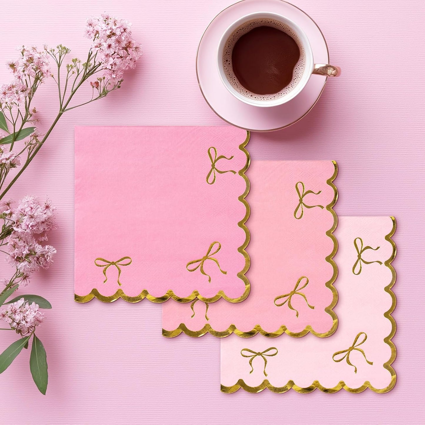 150 Pcs Gold Bow Pink Napkins, Gradient Pink Coquette Bowknot Luncheon Napkins with Gold Foil Scalloped Edges, Disposable Dinner Dessert Napkin for Bachelorette Bridal Wedding Tea Party Decor