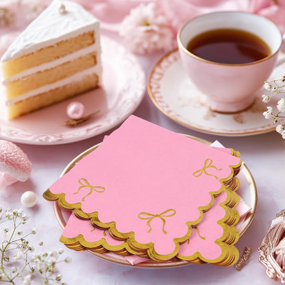150 Pcs Gold Bow Pink Napkins, Gradient Pink Coquette Bowknot Luncheon Napkins with Gold Foil Scalloped Edges, Disposable Dinner Dessert Napkin for Bachelorette Bridal Wedding Tea Party Decor