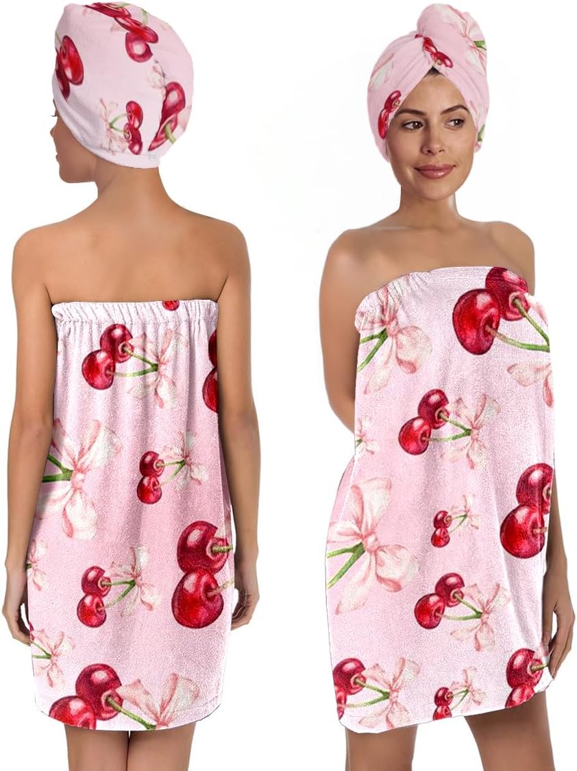 Women's Cherry Bow Shower Wrap and Hair Towel Set – Pink Quick Dry Microfiber Bath Wrap with Adjustable Closure – Cute Spa, Dorm, Gift Towel Set for Girls & Teens (Cherry 3)