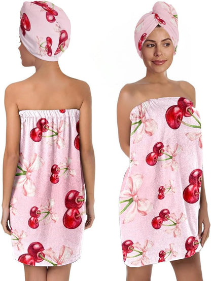 Women's Cherry Bow Shower Wrap and Hair Towel Set – Pink Quick Dry Microfiber Bath Wrap with Adjustable Closure – Cute Spa, Dorm, Gift Towel Set for Girls & Teens (Cherry 3)