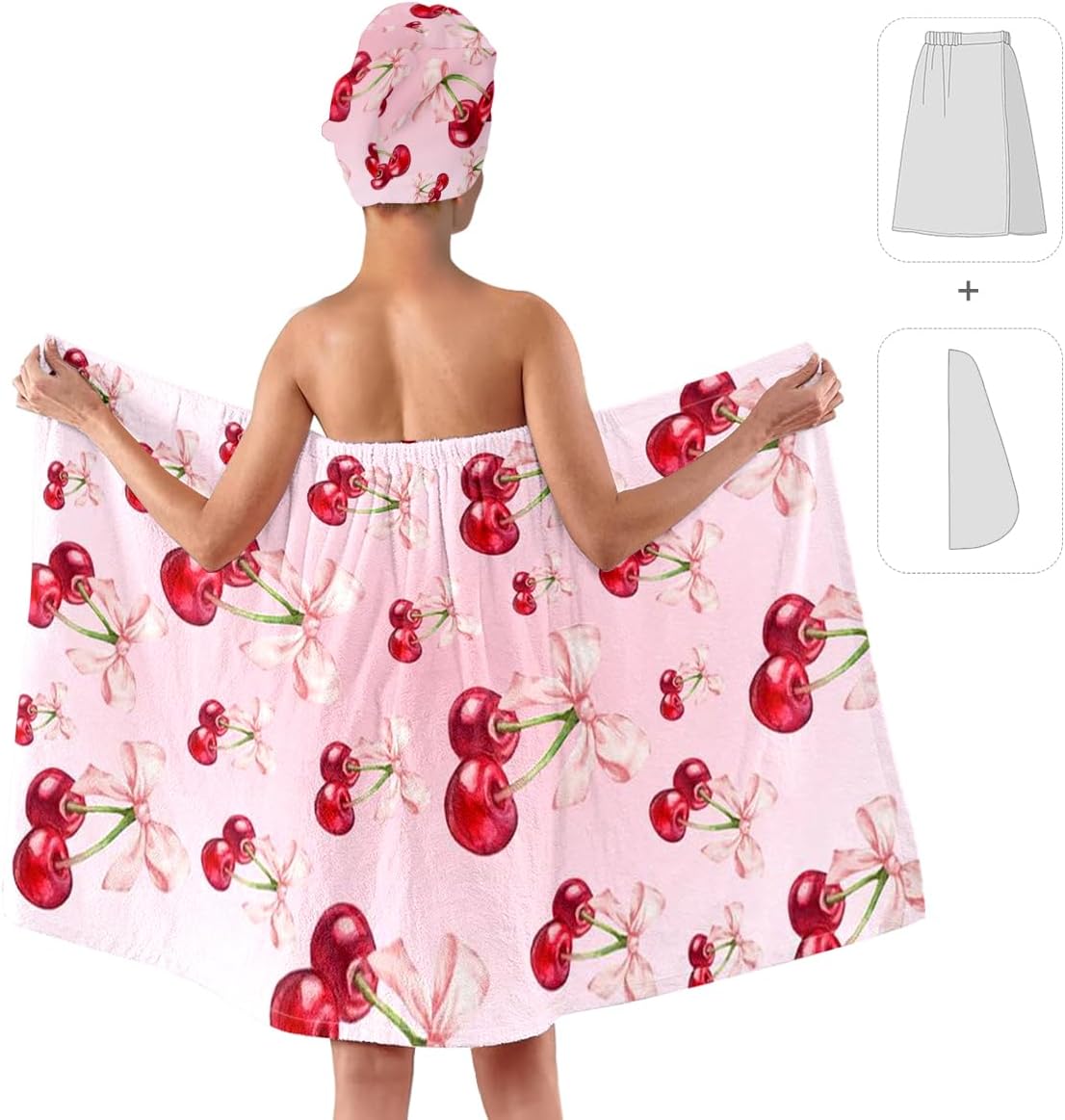 Women's Cherry Bow Shower Wrap and Hair Towel Set – Pink Quick Dry Microfiber Bath Wrap with Adjustable Closure – Cute Spa, Dorm, Gift Towel Set for Girls & Teens (Cherry 3)