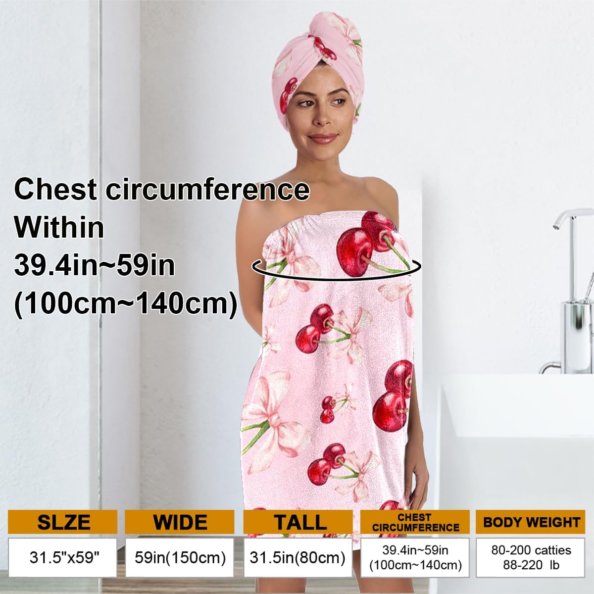 Women's Cherry Bow Shower Wrap and Hair Towel Set – Pink Quick Dry Microfiber Bath Wrap with Adjustable Closure – Cute Spa, Dorm, Gift Towel Set for Girls & Teens (Cherry 3)