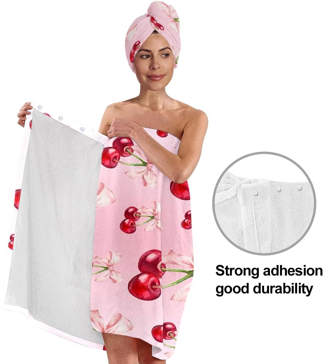 Women's Cherry Bow Shower Wrap and Hair Towel Set – Pink Quick Dry Microfiber Bath Wrap with Adjustable Closure – Cute Spa, Dorm, Gift Towel Set for Girls & Teens (Cherry 3)