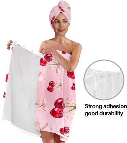 Women's Cherry Bow Shower Wrap and Hair Towel Set – Pink Quick Dry Microfiber Bath Wrap with Adjustable Closure – Cute Spa, Dorm, Gift Towel Set for Girls & Teens (Cherry 3)