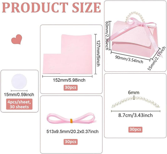 30 Set Wedding Favors Box DIY Set, Pink Kraft Paper Box with Pearl Handle, Ribbons, Stickers, Gift Boxes for Birthday, Boutique, Wedding and Anniversary, 3.54x2.36x2.16inch