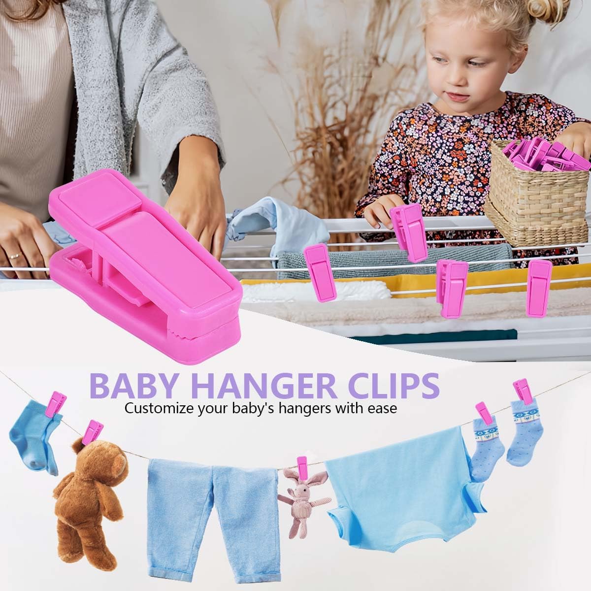 40 Pcs Plastic Baby Hanger Clips Slim-line Finger Clips Set for Clothes Hanger Velvet Hanger (Pink)