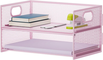 2 Tier Paper Organizer Letter Tray, Mesh File Organizer with Handle, Paper Sorter Desk Organizer for Home Office Supplies - Pink