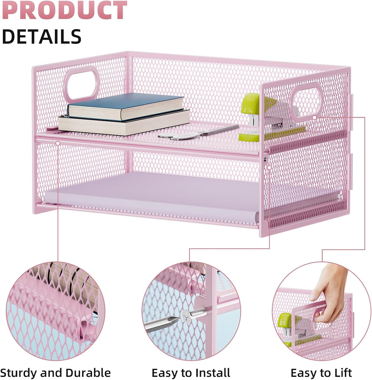2 Tier Paper Organizer Letter Tray, Mesh File Organizer with Handle, Paper Sorter Desk Organizer for Home Office Supplies - Pink