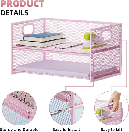 2 Tier Paper Organizer Letter Tray, Mesh File Organizer with Handle, Paper Sorter Desk Organizer for Home Office Supplies - Pink