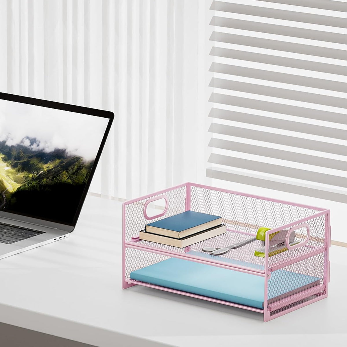 2 Tier Paper Organizer Letter Tray, Mesh File Organizer with Handle, Paper Sorter Desk Organizer for Home Office Supplies - Pink