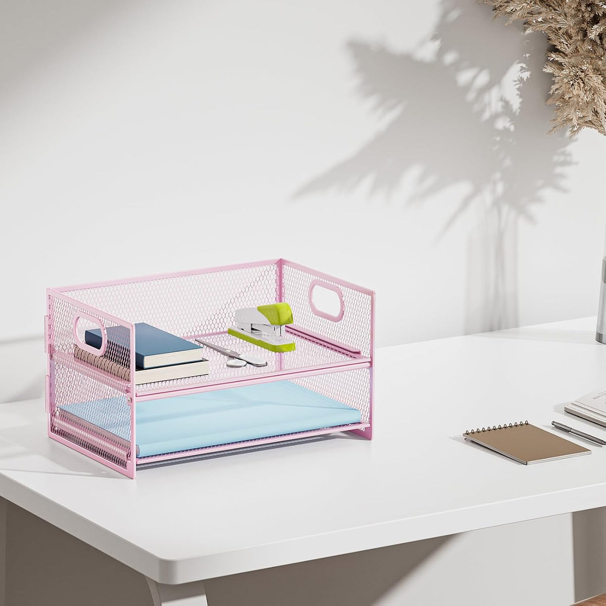 2 Tier Paper Organizer Letter Tray, Mesh File Organizer with Handle, Paper Sorter Desk Organizer for Home Office Supplies - Pink
