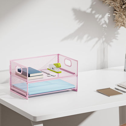 2 Tier Paper Organizer Letter Tray, Mesh File Organizer with Handle, Paper Sorter Desk Organizer for Home Office Supplies - Pink