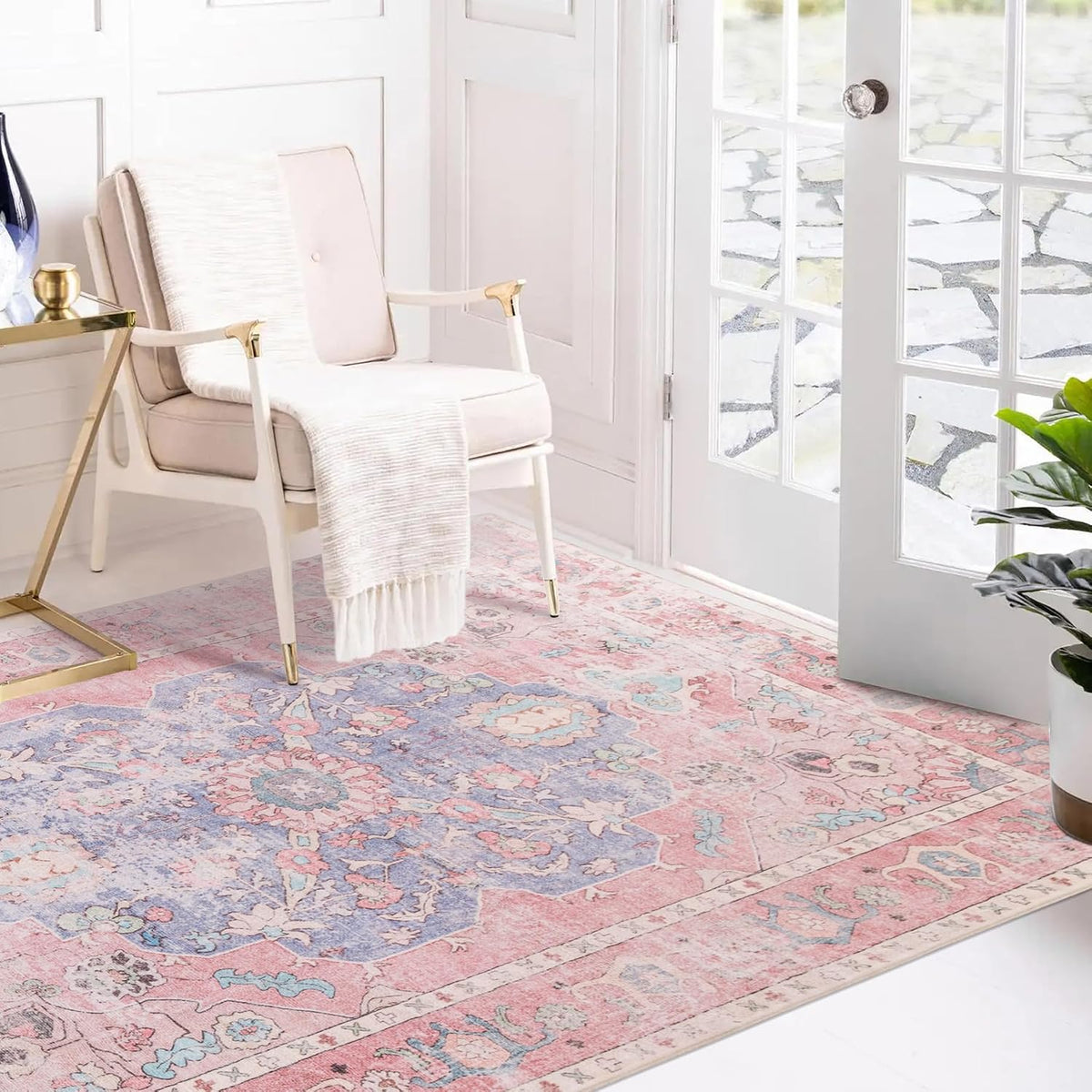 Area Rug 3x5 - Vintage Ocean Pink Mixed Area Rugs Honeycomb Non Slip Backing Carpet Foldable & Machine Washable Distressed Rugs for Living Room Bedroom Dining Room Home Office