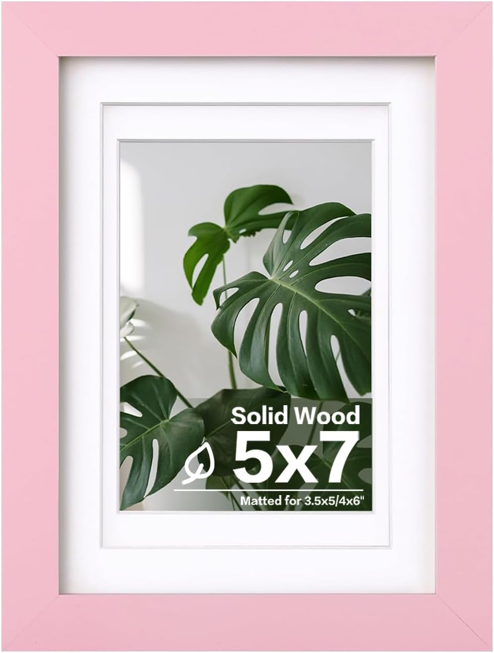 5x7 Picture Frame Made of Solid Wood with Plexiglass, Display Pictures 3.5x5/4x6 with Mat or 5x7 Without Mat for Tabletop and Wall Mounting, Pink