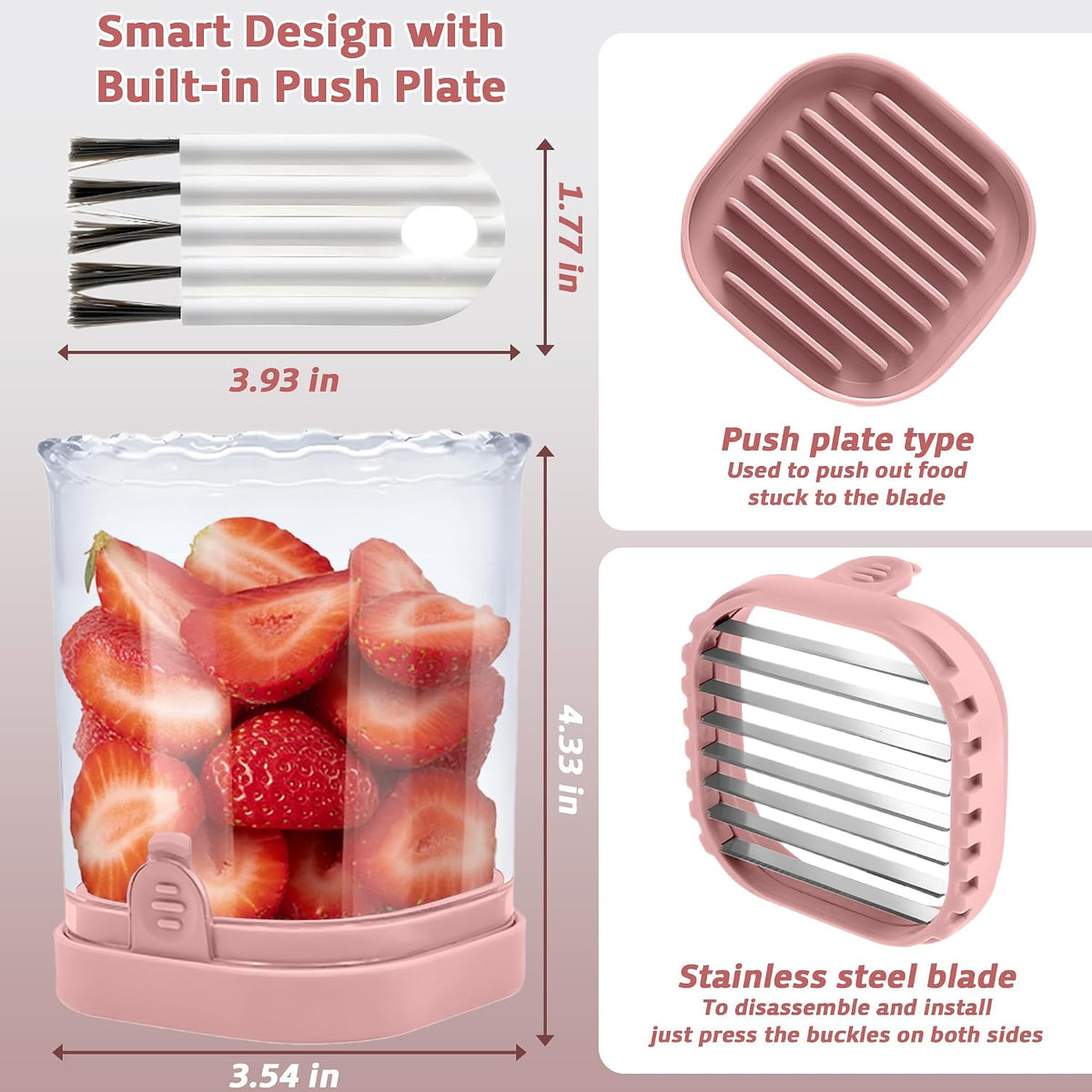 Strawberry Slicer Cup with Push Plate, Fruit Cutter Kitchen Gadget for Egg, Kiwi, Banana, Cucumber, Easy Fruit & Vegetable Slicer, Strawberry Cutter Tool for Quick Safe Cutting (Pink)