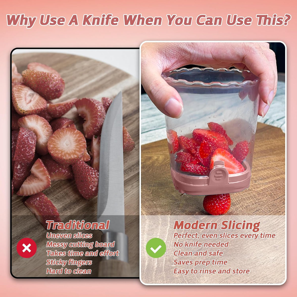 Strawberry Slicer Cup with Push Plate, Fruit Cutter Kitchen Gadget for Egg, Kiwi, Banana, Cucumber, Easy Fruit & Vegetable Slicer, Strawberry Cutter Tool for Quick Safe Cutting (Pink)