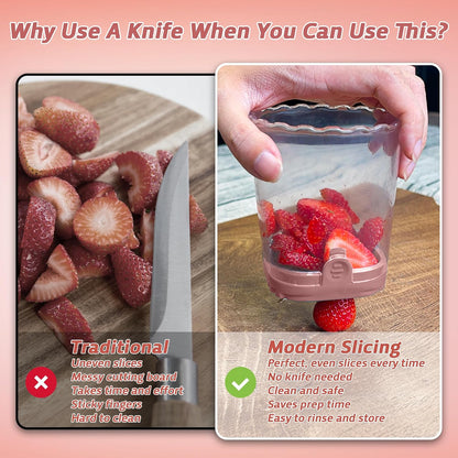 Strawberry Slicer Cup with Push Plate, Fruit Cutter Kitchen Gadget for Egg, Kiwi, Banana, Cucumber, Easy Fruit & Vegetable Slicer, Strawberry Cutter Tool for Quick Safe Cutting (Pink)