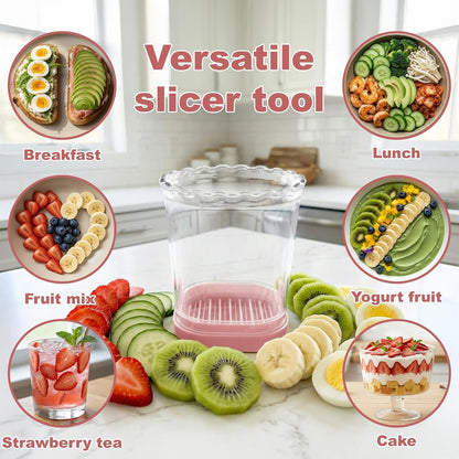 Strawberry Slicer Cup with Push Plate, Fruit Cutter Kitchen Gadget for Egg, Kiwi, Banana, Cucumber, Easy Fruit & Vegetable Slicer, Strawberry Cutter Tool for Quick Safe Cutting (Pink)