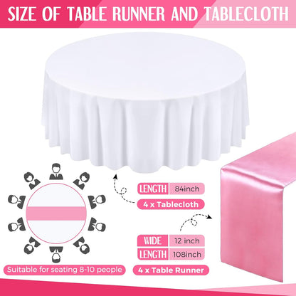 8 Pcs White and Light Pink Round Tablecloth and Satin Runner Set