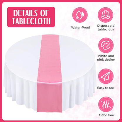 8 Pcs White and Light Pink Round Tablecloth and Satin Runner Set