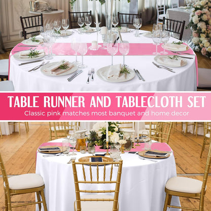 8 Pcs White and Light Pink Round Tablecloth and Satin Runner Set